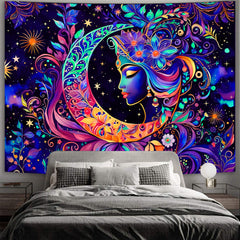 Simpkeely Blacklight Moon and Star Tapestry - Elegant Goddess UV Reactive Sun Mandala Wall Hanging, Colorful Boho Aesthetic Tapestry for Bedroom, Living Room