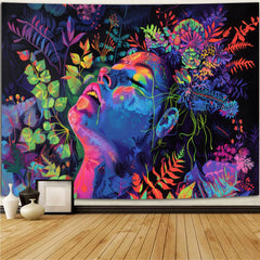 Simkeely Blacklight Botanical Goddess Tapestry, UV Reactive Floral Woman Wall Hanging, Neon Glow in the Dark Nature Art for Bedroom, Living Room, Meditation Space