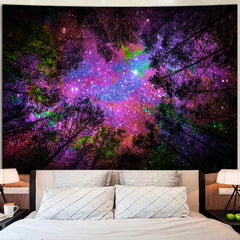Simpkeely Blacklight Starry Sky Tapestry, Fantasy Forest Space Galaxy Night Nature Scenery Wall Hanging Tapestry, Aesthetic Landscape Wall Art Tapestries for Bedroom, Living Room