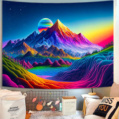 Simpkeely Sunset Mountain Tapestry, Blacklight Colorful Forest Lake UV Reactive Tapestry, Neon Glow in The Dark Starry Stars Nature Landscape Wall Hanging Tapestries for Bedroom