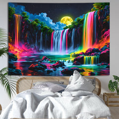 Simpkeely Blacklight Fantasy Waterfall Moon Tapestry, UV Reactive Nature Tapestry Neon Landscape Mountain Rainbow Wave Tapestry Wall Hanging Tapestries for Bedroom, Living Room