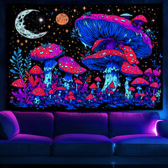 Simpkeely Blacklight Mushroom Tapestry - UV Reactive Glow in the Dark Mystical Night with Moon & Plant Fantasy Wall Hanging for Bedroom & Living Room