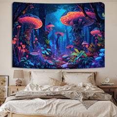 Simpkeely Wonderland Mushroom Tapestry, Blacklight Fantasy Flower Butterfly Tapestry Wall Hanging, Magical Forest Glowing Landscape Tapestry for Bedroom