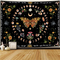 Simpkeely Butterfly Moon Phase Tapestry, Botanical Floral Plant Boho Mushroom Wall Hanging Tapestries, Vintage Aesthetic Tapestry for Bedroom, Living Room