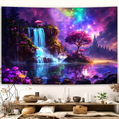 Simpkeely Fantasy Galaxy Waterfall Tapestry - Blacklight Wonderland Tree Mushroom UV Reactive Wall Tapestries Hanging for Bedroom & Living Room