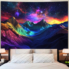 Simpkeely Blacklight Mountain Galaxy Tapestry, UV Reactive Colorful Forest Glow in the Dark Nature Landscape Wall Hanging, Neon Cosmic Starry Night Art for Bedroom