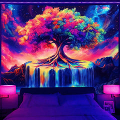 Simpkeely Tree of Life Blacklight Tapestry UV Reactive Colorful Waterfall Tapestry Galaxy Space Starry Sky Wall Tapestries Hanging for Bedroom - 59.1" L x 51.2" W