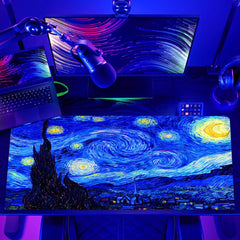 Simpkeely Blacklight Starry Night Mouse Pad, Van Gogh Painting Gaming Extended Large Desk Pad, UV Reactive Long Big Mouse Mat with 3mm Non-Slip Rubber Base for Office Home