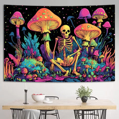 Simpkeely Blacklight Skull Mushroom Tapestry - UV Reactive Funny Skeleton Neon Wall Hanging, Glow in the Dark Forest Decor for Bedroom or Living Room