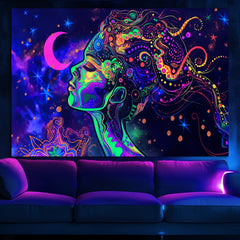 Simpkeely Blacklight Celestial Goddess Tapestry - UV Reactive Abstract Art Woman Wall Hanging, Neon Glow in the Dark Galaxy Art for Bedroom, Living Room