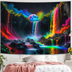 Simpkeely Blacklight Fantasy Waterfall Planet Tapestry UV Reactive Nature Neon Landscape Mountain Wave Tapestry Wall Hanging