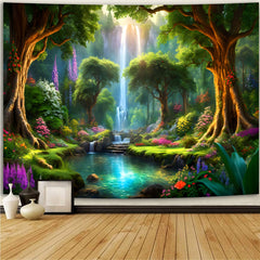 Simpkeely Forest Tapestry, Waterfall Green Tree Tapestries Wall Hanging, Wonderland Sunshine Nature Scenery River Aesthetic Tapestry for Bedroom, Living Room