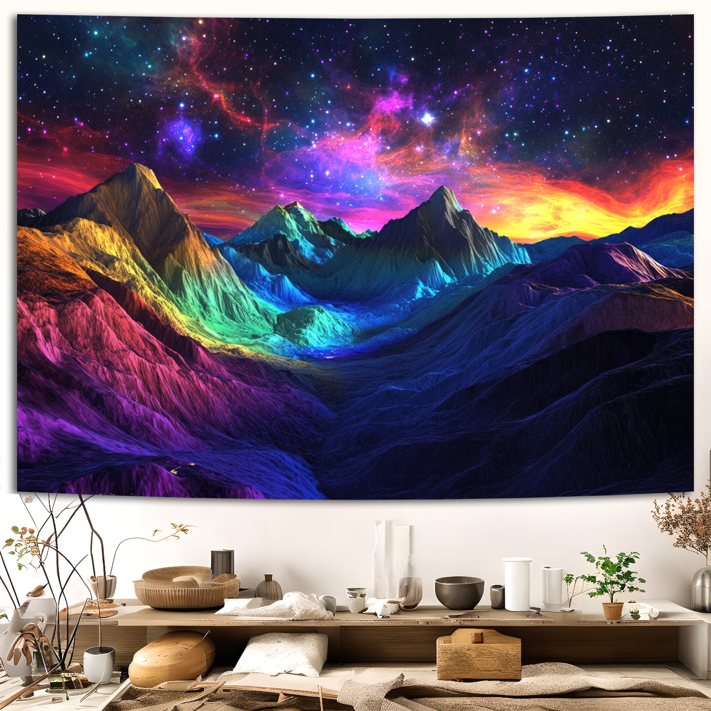 Simpkeely Blacklight Mountain Galaxy Tapestry, UV Reactive Colorful Forest Glow in the Dark Nature Landscape Wall Hanging, Neon Cosmic Starry Night Art for Bedroom
