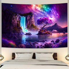 Simpkeely Fantasy Waterfall Tapestry, Blacklight Wonderland Purple Galaxy Tree Landscape UV Reactive Wall Hanging Tapestries for Bedroom, Living Room