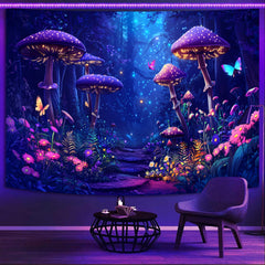 Simpkeely Blacklight Fantasy Mushroom Forest Tapestry - UV Reactive Glow in The Dark Enchanted Nature Wall Hanging, Purple Neon Fairycore Aesthetic Decor for Bedroom & Living Room