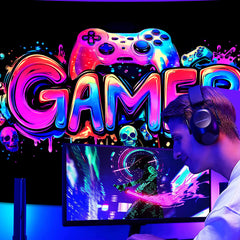 Simpkeely Gamer Gaming Tapestry, Blacklight Game Controller Horror Skull Wall Hanging, UV Reactive Skeleton Glow in the Dark Wall Decor for Bedroom, Living Room