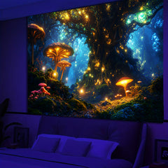 Simpkeely Blacklight Fantasy Mushroom Forest Tapestry, Magical Elves Fairy Fireflies Tree of Life UV Reactive Neon Nature Landscape Wall Hanging Tapestries for Bedroom, Living Room