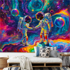 Simpkeely Blacklight Astronaut Handshake Tapestry, UV Reactive Galaxy Colorful Space Wall Hanging Tapestries, Fantasy Starry Sky Glow in The Dark Tapestry for Bedroom, Living Room