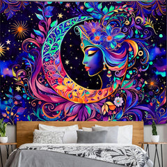 Simpkeely Blacklight Moon and Star Tapestry - Elegant Goddess UV Reactive Sun Mandala Wall Hanging, Colorful Boho Aesthetic Tapestry for Bedroom, Living Room