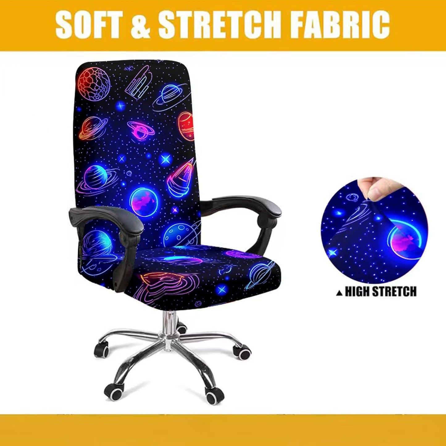 Simpkeely Blacklight Stretch Printed Computer Office Chair Covers, UV Reactive Celestial Universe Universal Desk Rotating Chair Slipcovers, Glow in The Dark Chair Protector Cover with Zipper
