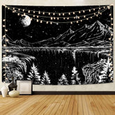 Simpkeely Black and White Tapestry Starry Night Tapestry Mountain Tapestry Moon Stars Tapestry for Bedroom Living Room