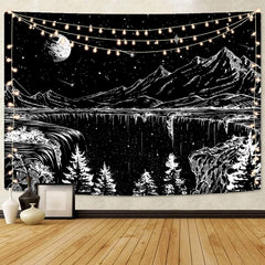 Simpkeely Black and White Tapestry Starry Night Tapestry Mountain Tapestry Moon Stars Tapestry for Bedroom Living Room