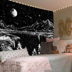 Simpkeely Black and White Tapestry Starry Night Tapestry Mountain Tapestry Moon Stars Tapestry for Bedroom Living Room