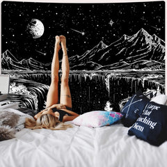 Simpkeely Black and White Tapestry Starry Night Tapestry Mountain Tapestry Moon Stars Tapestry for Bedroom Living Room