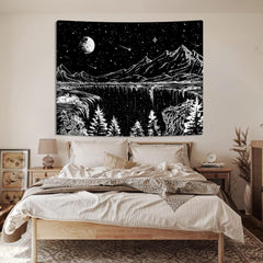 Simpkeely Black and White Tapestry Starry Night Tapestry Mountain Tapestry Moon Stars Tapestry for Bedroom Living Room