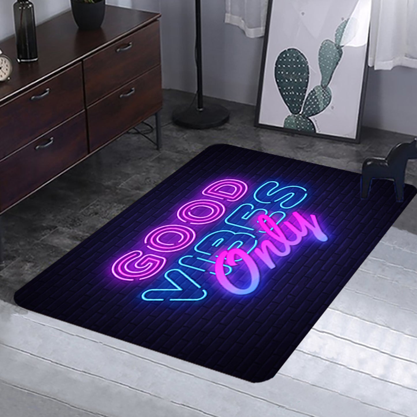 Simpkeely Neon Area Rug, Blacklight Good Vibes Only UV Reactive Non-Slip Door Throw Rug Fluorescent Flannel Floor Mat Carpet, Glow in The Dark Play Mat for Bedroom, Playroom