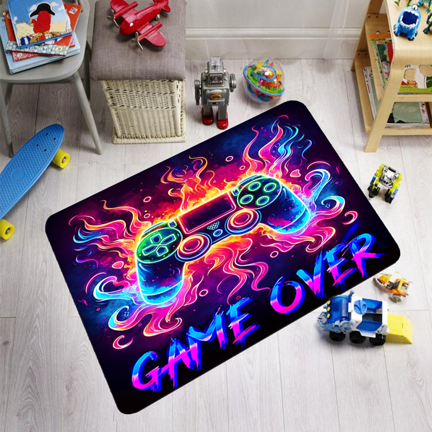 Simpkeely Neon Gaming Area Rug, Blacklight UV Reactive Game Controller Non-Slip Door Throw Rug Fluorescent Flannel Floor Mat Carpet, Glow in The Dark Play Mat for Bedroom, Playroom