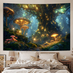 Simpkeely Blacklight Fantasy Mushroom Forest Tapestry, Magical Elves Fairy Fireflies Tree of Life UV Reactive Neon Nature Landscape Wall Hanging Tapestries for Bedroom, Living Room