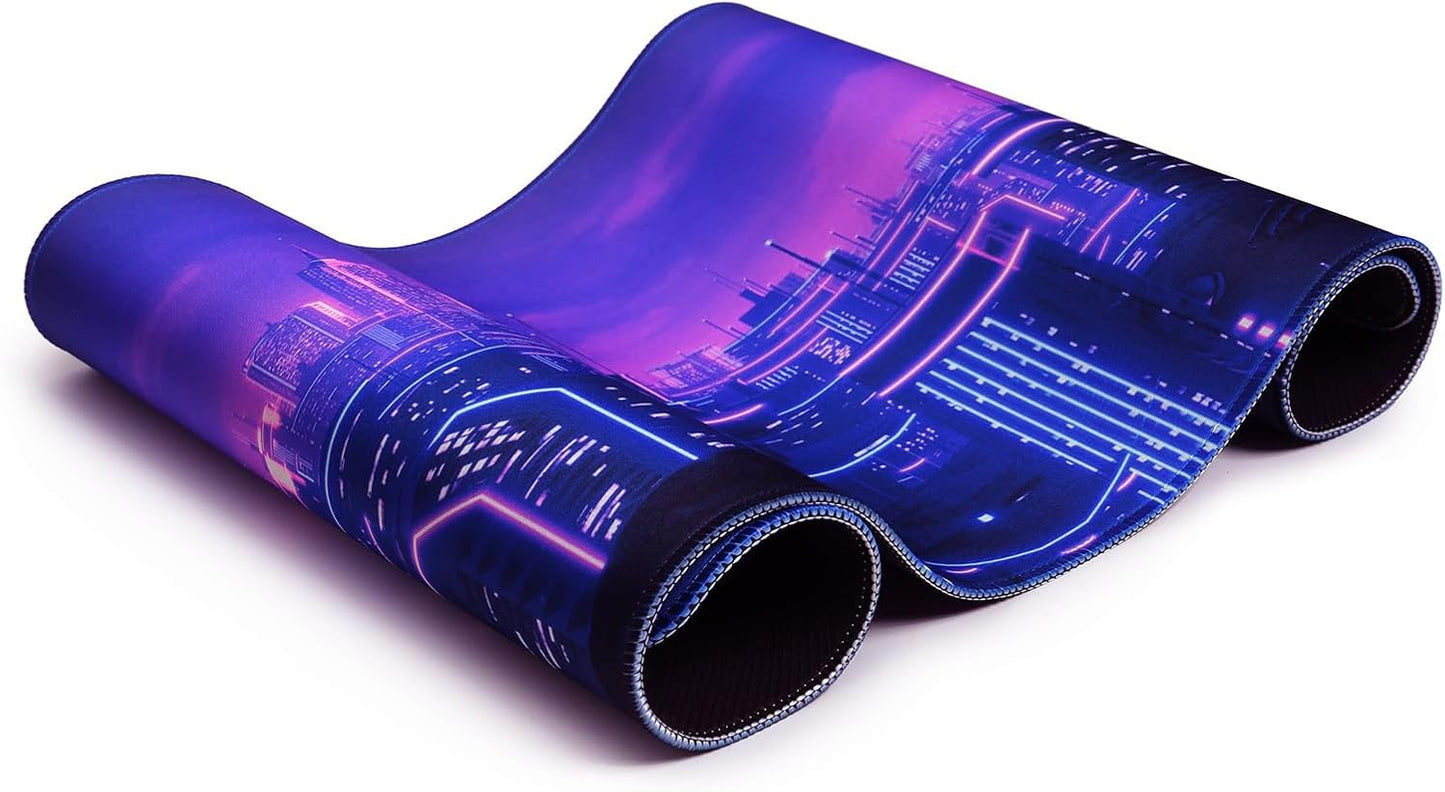 Simpkeely Gaming Mouse Pad, Blacklight Metaverse City 3D Cyberpunk Extended Large Desk Pad, UV Reactive Long Computer Keyboard Big Mouse Mat with 3mm Non-Slip Rubber Base for Office Home