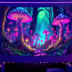 Simpkeely Fantasy Mushroom Tapestry Blacklight Neon Glow Forest Tapestry Wall Hanging Magical Landscape Wall Art for Bedroom