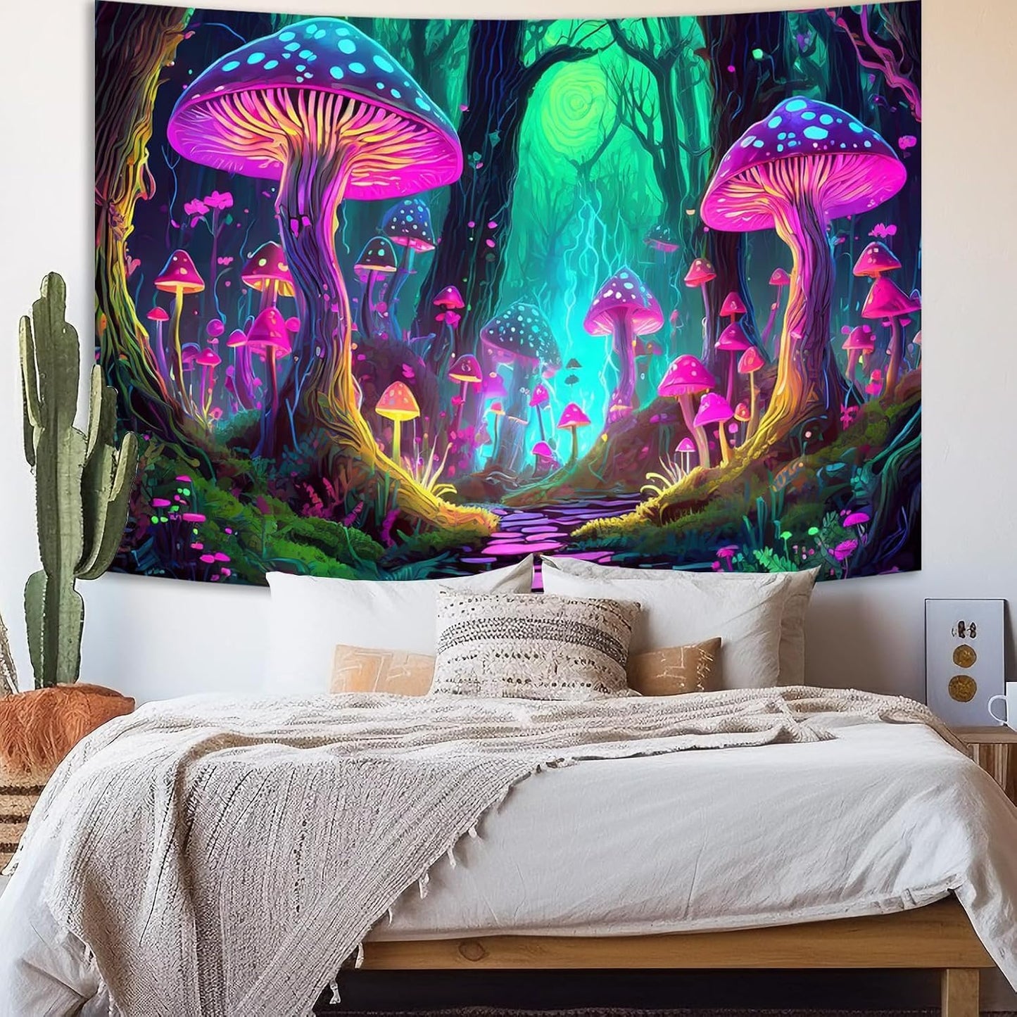 Simpkeely Fantasy Mushroom Tapestry Blacklight Neon Glow Forest Tapestry Wall Hanging Magical Landscape Wall Art for Bedroom