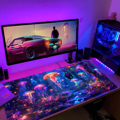 Simpkeely Large Fantasy Forest Jellyfish Gaming Mouse Pad - Blacklight Fairytale Waterproof Desk Mat, 31.5" x 11.8" Extended Non-Slip Rubber Base for Office & Home