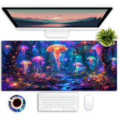 Simpkeely Large Fantasy Forest Jellyfish Gaming Mouse Pad - Blacklight Fairytale Waterproof Desk Mat, 31.5" x 11.8" Extended Non-Slip Rubber Base for Office & Home