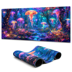 Simpkeely Large Fantasy Forest Jellyfish Gaming Mouse Pad - Blacklight Fairytale Waterproof Desk Mat, 31.5" x 11.8" Extended Non-Slip Rubber Base for Office & Home
