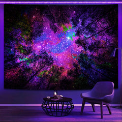 Simpkeely Blacklight Starry Sky Tapestry, Fantasy Forest Space Galaxy Night Nature Scenery Wall Hanging Tapestry, Aesthetic Landscape Wall Art Tapestries for Bedroom, Living Room