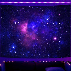 Simpkeely Blacklight Galaxy Tapestry, Blue Space Starry Sky Night Universe Wall Hanging, UV Reactive Glow in the Dark Purple Party Backdrop Aesthetic Tapestry for Bedroom