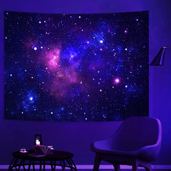 Simpkeely Blacklight Galaxy Tapestry, Blue Space Starry Sky Night Universe Wall Hanging, UV Reactive Glow in the Dark Purple Party Backdrop Aesthetic Tapestry for Bedroom