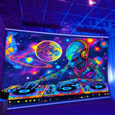 Simpkeely Fun Alien DJing Planet UV Black Light Tapestry, Large Size Peach Skin Fluorescent Tapestry, Bedroom Aesthetic Hanging Tapestry For Bedroom Office Living Room Home Decor, With Free Accessories