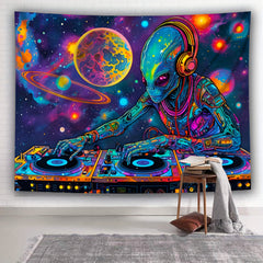 Simpkeely Fun Alien DJing Planet UV Black Light Tapestry, Large Size Peach Skin Fluorescent Tapestry, Bedroom Aesthetic Hanging Tapestry For Bedroom Office Living Room Home Decor, With Free Accessories
