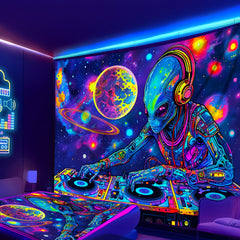 Simpkeely Fun Alien DJing Planet UV Black Light Tapestry, Large Size Peach Skin Fluorescent Tapestry, Bedroom Aesthetic Hanging Tapestry For Bedroom Office Living Room Home Decor, With Free Accessories