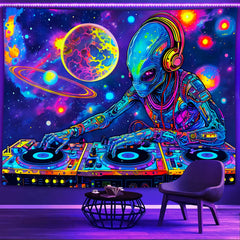 Simpkeely Fun Alien DJing Planet UV Black Light Tapestry, Large Size Peach Skin Fluorescent Tapestry, Bedroom Aesthetic Hanging Tapestry For Bedroom Office Living Room Home Decor, With Free Accessories