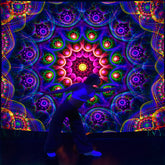 Simpkeely Bohemian Mandala Fluorescent Tapestry, Hippy Colorful Aesthetic Polyster UV Blacklight Tapestry, Wall Hanging For Living Room Bedroom Office Home Decor/Room Decor/Party Decor, With Free Installation Package