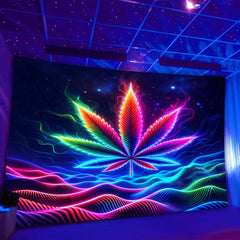 Simpkeely Space Sense, Waves, Big Leaf UV Black Light Tapestry, Large Size Peach Skin Fluorescent Tapestry, Bedroom Aesthetic Hanging Tapestry For Bedroom Office Living Room Home Decor, With Free Accessories