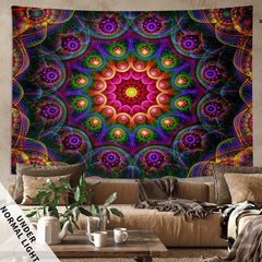 Simpkeely Bohemian Mandala Fluorescent Tapestry, Hippy Colorful Aesthetic Polyster UV Blacklight Tapestry, Wall Hanging For Living Room Bedroom Office Home Decor/Room Decor/Party Decor, With Free Installation Package