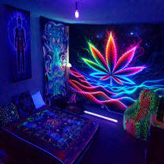 Simpkeely Space Sense, Waves, Big Leaf UV Black Light Tapestry, Large Size Peach Skin Fluorescent Tapestry, Bedroom Aesthetic Hanging Tapestry For Bedroom Office Living Room Home Decor, With Free Accessories