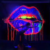 Simpkeely Vibrant UV Reactive Lip Tapestry - Large Fluorescent Wall Hanging with Glowing Neon Colors, Peach Skin Fabric, Indoor Decor for Bedroom, Living Room, or Party, Includes Free Accessories